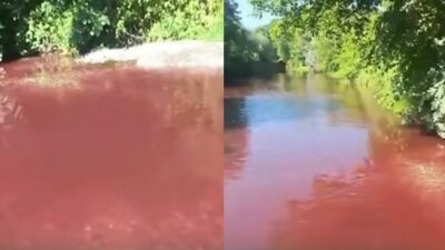 Sakarya'nın Akyazı ilçesinden geçen Mudurnu Çayı’nın rengi kızıla dönmesine tekstil